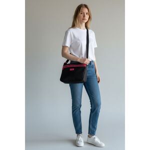 Longchamp Le Pliage Nylon Crossbody Messenger Bag Black Pink Trim EUC Like New